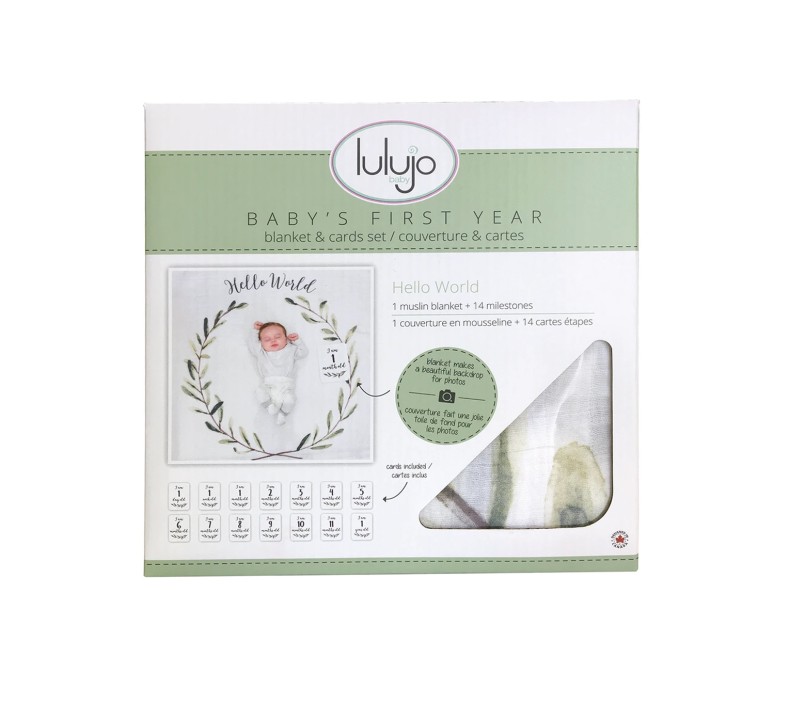 LULUJO - KIT PRIMO ANNO - COPERTINA MUSSOLA DI COTONE E ACCESSORI FOTO - HELLO WORLD
