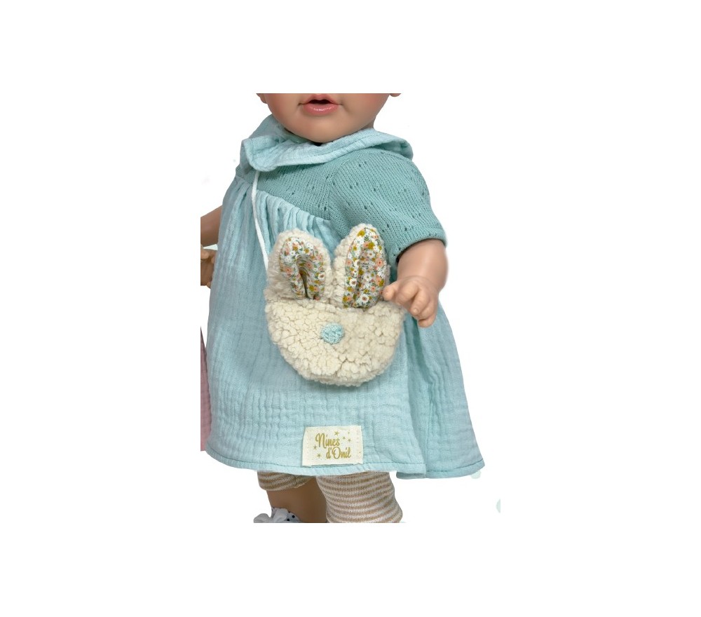 VESTITO PER BAMBOLA 45 CM - VESTITO AZZURRO CON BORSETTA CONIGLIO
